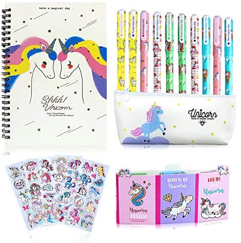 aovowog Unicorno Regalo Bambina 3 4 5 6 7 8 9 10 Anni, 25pz Set Penne a Sfera Astuccio Scuola e Notebook e Adesivi e Nota Adesiva Regalo Compleanno Bambini Ragazze(25 pezzi – Bianca)