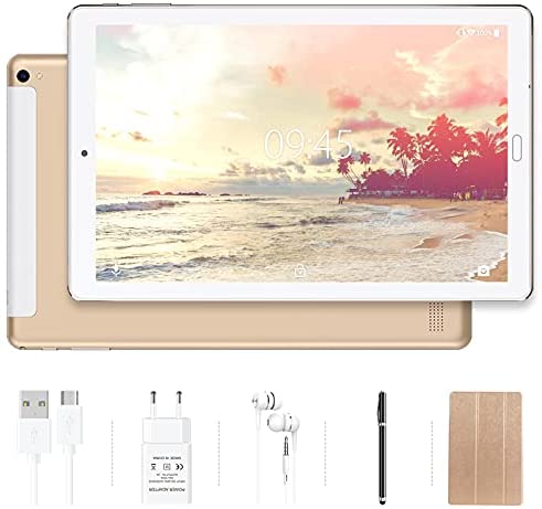 Tablet 10 pollici YESTEL Tablet Android 10.0 con 4 GB di RAM + 64 GB di ROM – WiFi | Bluetooth | GPS, 8000mAH con Cover-Dorato
