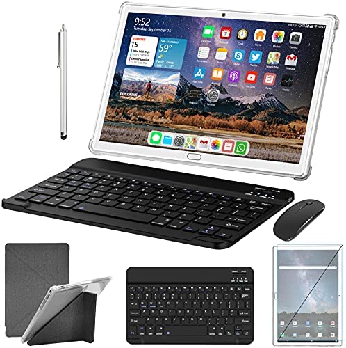 Tablet 10 pollici Android 10 4G LTE Tablet PC con 2 SIM Slot 4GB RAM 64GB ROM 128GB espandibile con tastiera Mouse Pen Octa Core 1080P FHD SD TypeC 6000mAh 13MP Camera Bluetooth WiFi GPS OTG, Argento
