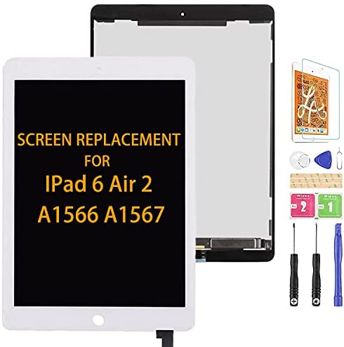 Per iPad Air 2 A1566 A1567 LCD Screen Ricambio Digitizer Vetro Kit di Assemblaggio, Pellicola Temperata, Colla e Strumenti (Bianco)