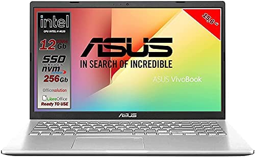 Asus Vivobook notebook, SSD NVME da 256Gb, Cpu Intel N4020 fino a 2.8Ghz, RAM 12Gb DDR4, Display da 15,6 HD, wi-fi, 3 Usb, Bt, Win 10 pro, Pronto All’uso Gar. Italia