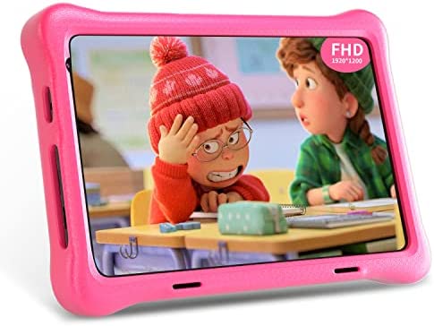 Hyjoy Tablet per Bambini, 8 Pollici Android 10.0 Tablet Kid, RAM 2GB ROM 32GB, Display IPS FHD, Quad Core, Kidoz Preinstallato, WiFi, Bluetooth, 5000mAh, Dual Camera- con Tablet Proof Custodia (pink)
