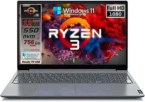 Notebook Lenovo SSD Amd Ryzen 3 fino a 3,5 GHz, SSHD da 756 Gb, 12 Gb DDR4, Display Full Hd da 15,6 Antiriflesso, web cam, 3 usb, hdmi, Win11 Pro 64 bit, Libre Office, pronto all’uso garanzia Italia