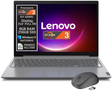 Lenovo Ryzen 3, Pc portatile notebook, Display FHD da 15,6″, Cpu R3-3200U fino a 3,5 ghz, Ram 8Gb, Ssd m2 256Gb, windows 11 pro, Computer portatile pronto all’uso + mouse wireless