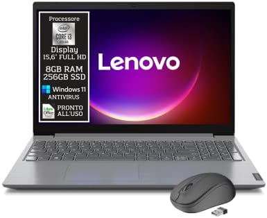 Notebook Lenovo Intel Core I3 di 10Gen, Display Full Hd Led da 15,6″ Ram 8gb DDR4, SSD 256 Gb, Wifi, Webcam, Bt, Win11 Pro, Libre Office, Pronto All’uso Gar. Italia 2 Anni + Mouse wifii “Eloquent”