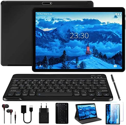 Tablet 10 Pollici 4GB RAM + 64GB ROM con Wi-Fi e Doppia SIM Lte, HD Android 10 Originale YESTEL Tablet con Tastiera, Espandibili Fino 128 GB, Fotocamera 5MP + 8MP/GPS/8000mAh/FM/Bluetooth- Nero