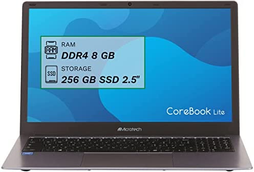 Pc Portatile Microtech CoreBook Lite, Laptop 15.6 Pollici, Schermo FHD, Intel UHD Graphics 600, Intel Celeron Serie N4020, RAM 8 GB DDR4, 256 GB SSD, Windows 10 Home, Grigio Siderale, Garanzia Italia