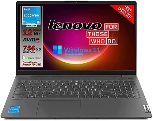 Notebook Lenovo SSD Intel i5 11 th 4 Core, Display FULL HD 15,6, Ram 12Gb DDR4 , SSHD da 756Gb, wifi, Bt, usb, Win11 Pro, Libre office, preconfigurato e pronto all’uso, Garanzia e layout Italia