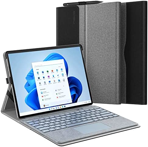 MoKo Custodia Cover Compatibile con Microsoft Surface PRO 8 13″ 2021, con Chiusura Magnetica di Flip-Top, Supporto Regolabile, Porta Penna Stilo e Tasca Posteriore, Grigio Scuro + Nero