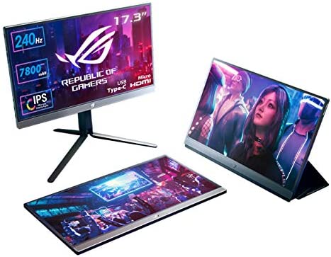 ASUS ROG Strix XG17AHP Gaming Monitor Portatile USB-C 17.3″IPS FullHD, 1920×1080,240Hz,Adaptive-sync,USB-C, Micro-HDMI, Batteria Integrata, camera, console, ROG Tripod, ROG Bag, Smart cover, Eye care