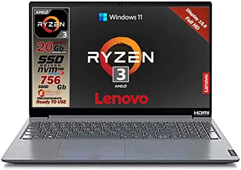 Notebook Lenovo SSD Amd Ryzen 3, RAM 20 Gb DDR4, SSHD da 756Gb, Display Full Hd da 15,6, Web cam, 3 usb, Wi-fi, hdmi, Win11 Pro, Office Pro 2021, preconfigurato e pronto all’uso, garanzia Italia