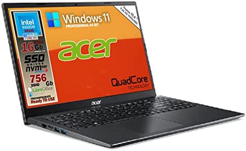 Notebook SSD, portatile pc, Acer Intel N5100, 4 core, Ram 16Gb, SSHD da 756 Gb, 15.6″Full HD led, 3 USB, wi-fi, hdmi, BT, lan, Win 11 Pro, Libre Office, Pronto all’Uso, Gar. e layout Italia