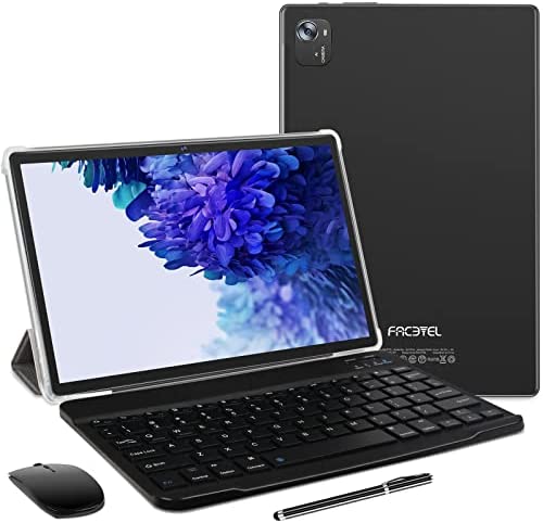 FACETEL Tablet 10 Pollici Android 11 Tablet con Octa-Core 1.6 GHz, 4 GB + 64 GB (TF 128GB) | Batteria 8000mAh | FHD | 5 MP + 8 MP | Bluetooth | Tablet con Tastiera e Penna e Mouse – Nero