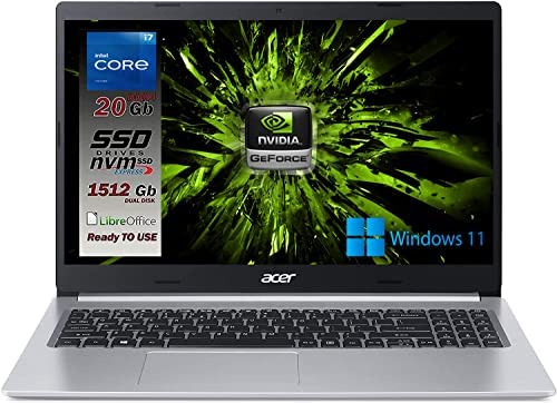 Notebook SSD slim Acer, Intel i7 di 11Gen 4 core 4.7ghz, RAM 20GB, SSDHD da 1512GB, display 15.6 FullHD, NVIDIA Geforce MX450, cover in alluminio, Wi-Fi 6, hdmi, Win 11 Pro, Pronto all’Uso, Gar. Ita