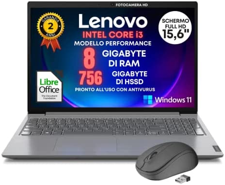 Notebook Lenovo Intel Core i3 velocita processore fino a 3,4ghz, Display Full Hd Led da 15,6″ Ram 8gb DDR4, HSSD 756 Gb, Wifi, Webcam, Bt, Win11 Pro, Libre Office, Pronto All’uso Gar. Italia