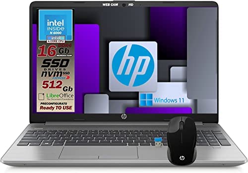 HP 250 G9 Notebook pc portatile Ultra Silenzioso, RAM 16GB, SSD 512GB, Display FullHD 15.6″, N6000 4 Core 3,3 GHz, tastiera retroilluminata, touch id, Win11 Pro, Mouse wireless HP, pronto all’uso