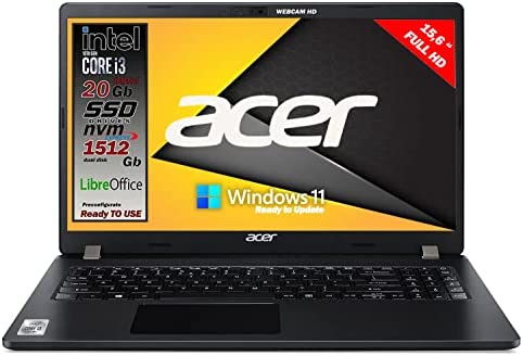 Notebook Acer travelmate Intel i3 10th, Ram da 20 gb, SSHD M.2 Pci 1512 Gb, DISPLAY 15.6 Full HD, 3 USB, wi-fi, hdmi, bt, Win 10 Pro, Libre Office, preconfigurato e pronto all’Uso, Gar. Italia