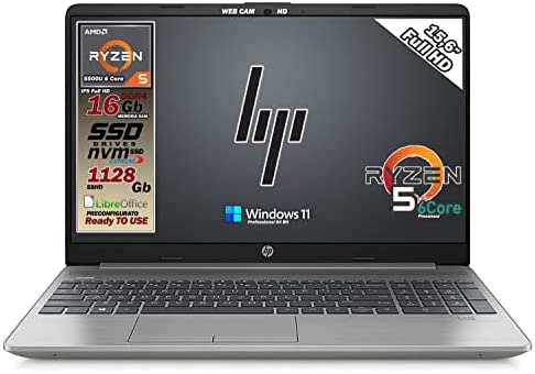 HP 255 G8 Notebook Portatile, RYZEN 5 5500U 6 Core, SSHD da 1128Gb Display IPS Full HD 15.6″, DDR4 16 Gb, Wi-fi, 3 usb, webcam HD, Win11 Pro 64 Bit, Libre Office, Pronto All’uso, Gar. Italia