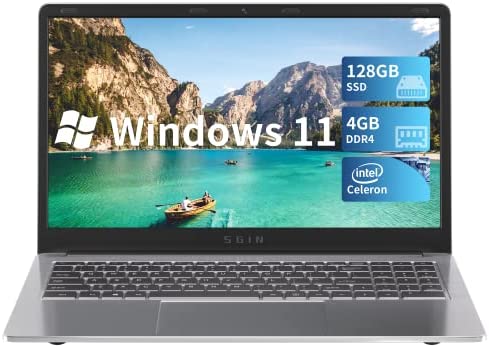 SGIN PC Portatile, 15,6 Pollice HD da Notebook, Windows 11 4GB DDR4, 128GB ROM, Intel Celeron N4020C, Bluetooth 4.2, Memoria Espandibile SSD da 1 TB e TF da 256 GB Expanded