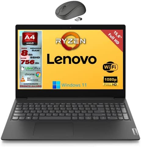 Lenovo, Pc portatile notebook pronto all’uso, Display FHD da 15,6″, cpu AMD Ryzen 3, ram 8Gb, sshd 756Gb, windows 11 pro, computer portatile + mouse wireless