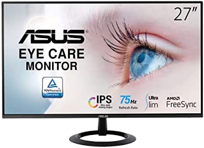 ASUS VZ27EHE Monitor 27”, FullHD (1920×1080), 75Hz, IPS, HDMI, Eye Care, Adaptive Sync, FreeSync, Riduzione Luce Blu, Flicker Free, Design Ultra Slim, Nero