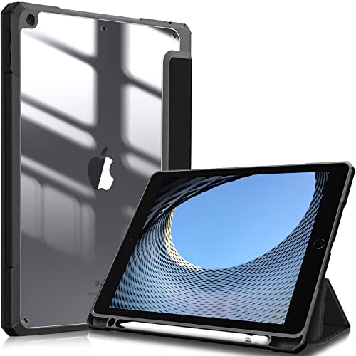 FINTIE Custodia per iPad 10.2 Pollici 9a / 8a / 7a Generazione (2021 2020 2019) – [Built-in Pencil Holder] Antiurto Sottile Case Posteriore Trasparente Cover con Auto Sveglia/Sonno, Nero