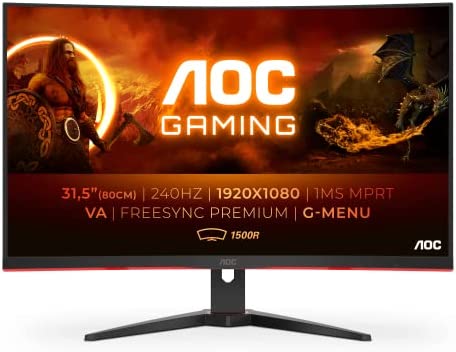 AOC Gaming C32G2ZE – Monitor curvo FHD da 32″, 240 Hz, 1 ms, FreeSync Premium (1920 x 1080, HDMI, DisplayPort), colore: Nero/Rosso