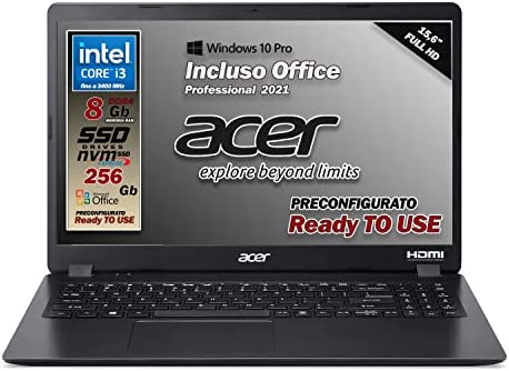 Acer Extensa 15 Pc Portatile, Notebook con Cpu Intel Core i3-1005G1, Ram 8 GB DDR4, SSD da 256 GB Nvme, Display 15.6″ FHD, Grafica Intel UHD, Windows 10 Pro, Office Pro 2021, pronto all’uso, Italia