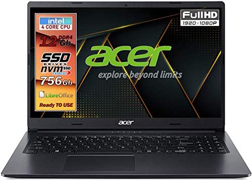 Acer Notebook SSD, portatile pc, Intel N4120, 4 core, Ram 12GB, dual SSD 756GB, display 15.6″ FullHD led, 3 USB, wi-fi, hdmi, BT, lan, Win 10 Pro, Libre Office, Pronto all’Uso, Gar. e layout Italia