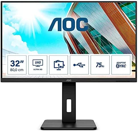 AOC U32P2CA – Monitor da 32 Pollici UHD USB-C, Regolabile in altezza, Speaker (3840 x 2160, 60 Hz, 4 ms, HDMI, DisplayPort, USB-C, USB Hub) Nero