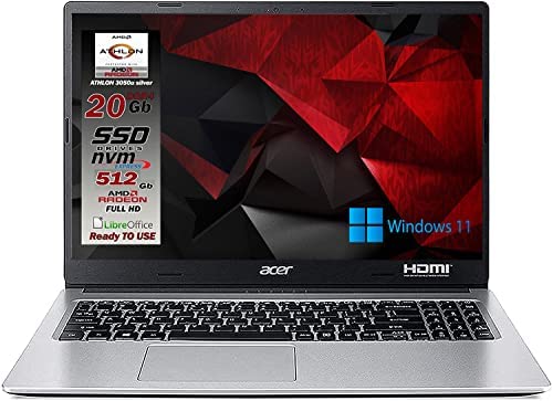 Acer aspire SSD Silver Athlon 3050u, RAM 20 GB ddr4, SSD M.2 pci da 512Gb, Display Full HD da 15,6, Web Cam, wi-fi, hdmi, bt, Win11 pro, Libre Office, preconfigurato e pronto all’uso, gar. italia