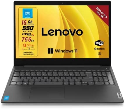 Lenovo, Pc portatile notebook pronto all’uso, Display FHD da 15,6″, cpu N4500, ram 16Gb, sshd 756Gb, windows 11 pro, computer portatile con pacchetto Office 2021