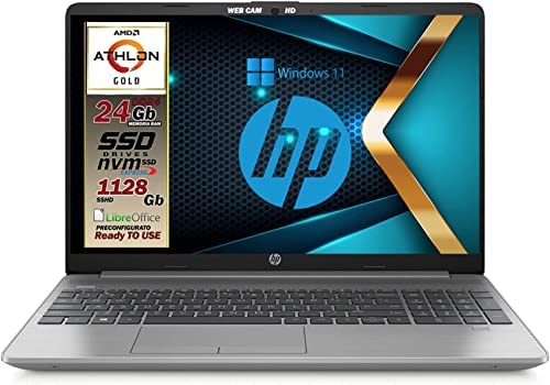 HP 255 G9 Silver Notebook Portatile, SSD M2 128GB + 1TB, RAM DA 24GB, Display FullHD 15.6″, Amd A9 Gold 3150U fino a 3,3 GHz, usb, webcam HD, Wi-Fi, Win11 Pro, Pronto All’uso, Gar. IT