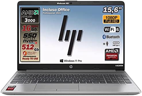 HP 255 G8 Notebook Portatile, RAM 16 Gb DDR 4, SSD da 512 Gb Display Full HD 15.6″, Amd 3020 fino a 2,6 GHz, Wi-fi, 3 usb, webcam HD, Win 11 Pro 64 bit, Office Pro, preconfigurato, Garanzia Italia