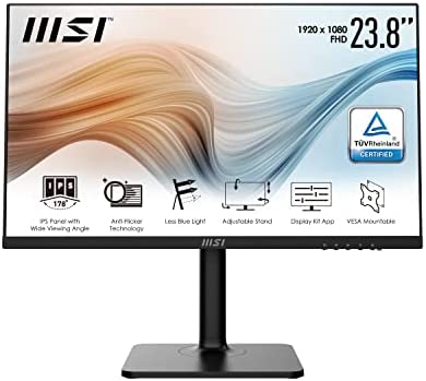 MSI Modern MD241P 23.8′ Monitor, Adjustable, FHD (1920 x 1080), 75Hz, IPS, 5ms, HDMI, USB Type-C, Built-in Speakers, Anti-Glare, Anti-Flicker, Less Blue light, TÜV Certified, VESA