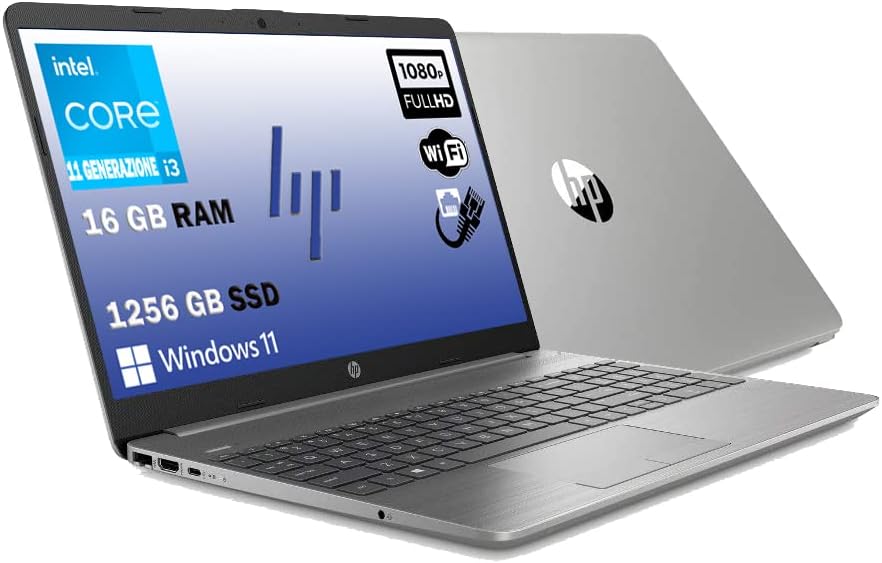 HP 250 G8, Pc computer portatile notebook silver, Display Full HD 15,6″, cpu Intel i3 di 11Th, RAM DDR4 da 16 Gb, SSHD da 1256 Gb, Windows 11 Pro, Layout Italiana, pronto utilizzo