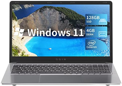 SGIN 15.6 Pollici PC Portatile 4GB DDR4 128GB SSD (TF 512GB), Computer portatile Windows 11 con Celeron Quad-core, Fino a 2.8 GHz, Bluetooth 4.2, WiFi Dual Band (Argento)