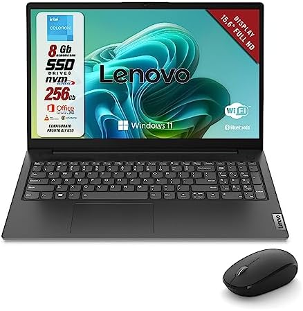 Lenovo, Pc portatile notebook con suite office, display FHD da 15,6″, cpu intel N4500, ram 8Gb, ssd 256Gb, win 11 pro, computer portatile con mouse wireless