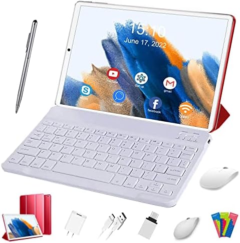 DUODUOGO Tablet 10 Pollici Android 11 Tablet con 5G WiFi, Quad Core 1.6 GHz,4GB + 64GB TF 128GB, 6000mAh Doppia Fotocamera, Display 1080P IPS, Bluetooth, Tablet con Tastiera e Penna – Rosso
