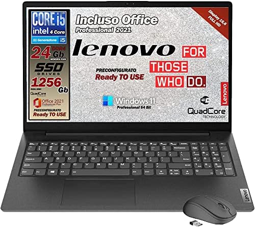 Lenovo, pc portatile notebook, cpu Intel i5 11Th gen, 4 core, 24 Gb ram, display Full hd da 15,6″, ssd nvme da 256 Gb + hdd da 1000 Gb, win 11 pro, office pro 2021, mouse wireless, pronto all’uso