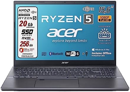 Acer NOTEBOOK, AMD RYZEN5 5625u, 6 Core, RAM 20 Gb, SSD 256 Gb, 15.6 FHD, TASTIERA RETROILLUMINATA, FINGERPRINT, WI-FI 6, WIN 11 Pro, Suite office, Preconfigurato