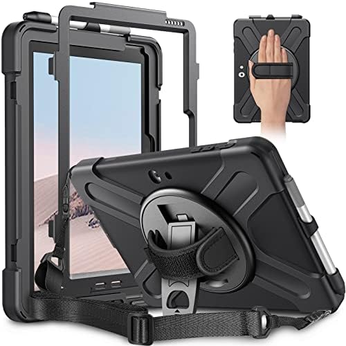 CaseBot Custodia per Surface Go 3 (2021)/Go 2 (2020)/Go (2018), [supporto girevole a 360°] Custodia robusta resistente antiurto con cinturino da polso (non compatibile con Type Cover), nero