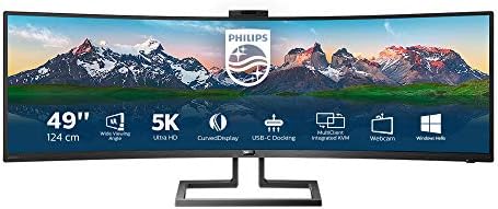 Philips Monitor Curvo 49″, 499P9H, Gaming Superwide 32:9, risoluzione 5120 * 1440, Adaptive Sync, HDR 400, Multiview con KVM Switch integrato, Docking station USB-C, Microfono, Low Blue, Vesa, Nero