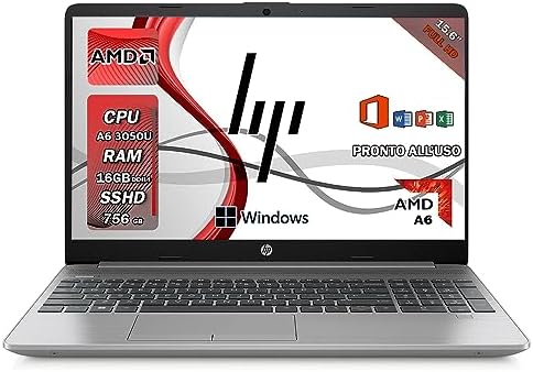 HP 255 G9, Pc portatile notebook, silver, Amd 3050U, Ram 16 GB DDR4, SSHD 756 Gb, Display 15.6″ FHD, Windows 11 Pro, Office Pro, Computer portatile pronto All’uso