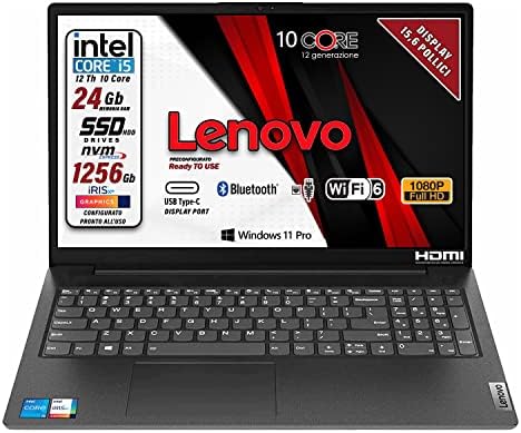 Lenovo, Pc portatile notebook, Cpu Intel i5 12Th, 1235U 10 Core, 24 Gb RAM, Full HD 15,6″, SSD Nvme da 256 Gb + HDD DA 1000 Gb, Webcam, usb C, Win 11 Pro, pronto all’uso, garanzia Italia