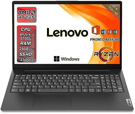 Lenovo Notebook | Pc portatile Ryzen 7 5700U 8 core, 24gb Ram ddr4, Display 15.6 Full Hd, SSHD 1500 Gb, Wi fi, Bt, Windows 11 Pro, Office Pro, Computer portatile pronto all’uso