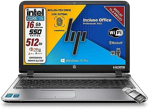 HP Probook, Pc Portatile Notebook intel core i5-6200U, Display HD da 15,6″, Ram 16Gb, SSD 512 Gb, 4 x usb, HDMI, Wi-Fi, Suite Office, W11 Pro, pendrive fingerprint, preconfigurato (Rincondizionato)