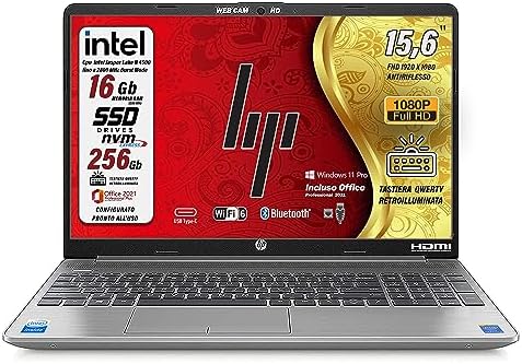 HP 250 G9 Notebook Portatile, RAM 16 Gb DDR 4, SSD da 256 Gb, Display FullHD 15.6″, cpu Intel N 4500, Wi-fi6, lan, 3 usb, webcam HD, Win 11 Pro 64 bit, Suite Office, pronto All’uso, Garanzia 2 anni