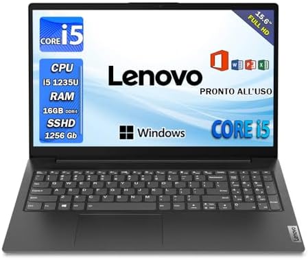 Lenovo Notebook | Pc portatile intel core i5 1235U | 16gb Ram ddr4 | Display 15.6 Full Hd | SSHD 1256 Gb | Wi fi, Bt , Windows 11 Pro | Office Pro , Computer portatile pronto all’uso