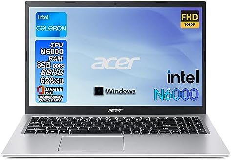 Acer aspire 3, Pc portatile, intel N6000 4 core, Fino A 3.30GHz, Ram 8Gb Ddr4, SSHD 628 Gb, Display 15.6” FHD, Windows 11 PRO, Office, Hdmi, Wi fi, Bluetooth notebook